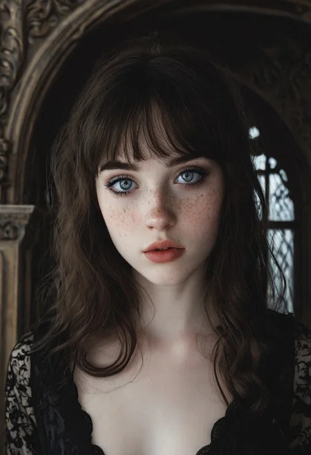 portrait, close up, cute face, beautiful,18 years old, (black bold eyeliner, makeup:1.3), pale skin, young,bangs,freckles, ear,wavy brunette hair,freckles,,interior,fancy bedroom,gothic room,castle interior,petite body, small breasts, beautiful legs, realistic soft skin, looking at viewer, hyperdetailed, analog photo, Cinematic,contrast,high contrast,(very detailed eyes,detailed lips,detailed face,cute,pretty)