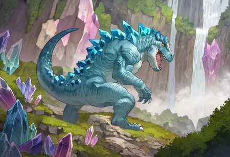 tyrannosaurus rex, score_9, score_8, score_7, score_6, absurdres, source_anime, open_mouth, golem, crystal golem, crystal skin, waterfall, tyrannosaurus rex made of crystals,