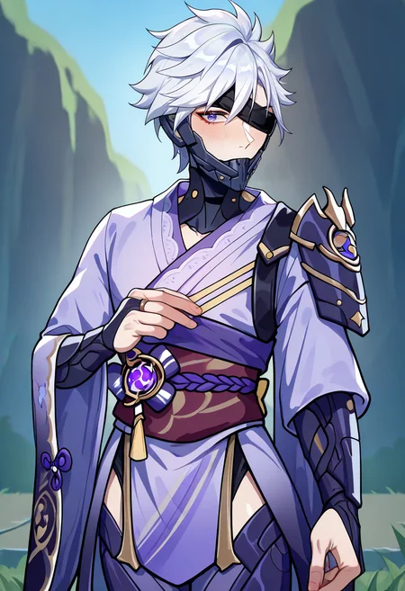 masterpiece, best quality, newest, absurdres, highres, 1boy, male focus, RaidenMGRDef, eyepatch, mechanical chin, white hair, short hair, <lora:RaidenMGRR_illusXLNoobAI_Incrs_v1-000013:1>, cowboy shot, outdoors, looking at viewer, blue eyes, <lora:RaidenShogun_illusXLNoobAI_Incrs_v1.1:1>, vision \(genshin impact\), shoulder armor, japanese clothes, obi, purple kimono, sash, bridal gauntlets, wide sleeves, tomoe \(symbol\), mitsudomoe \(shape\), musou isshin \(genshin impact\), purple flower, obijime, obiage, tassel, ribbon, purple thighhighs, cosplay, alternate costume, shy, spiked hair,