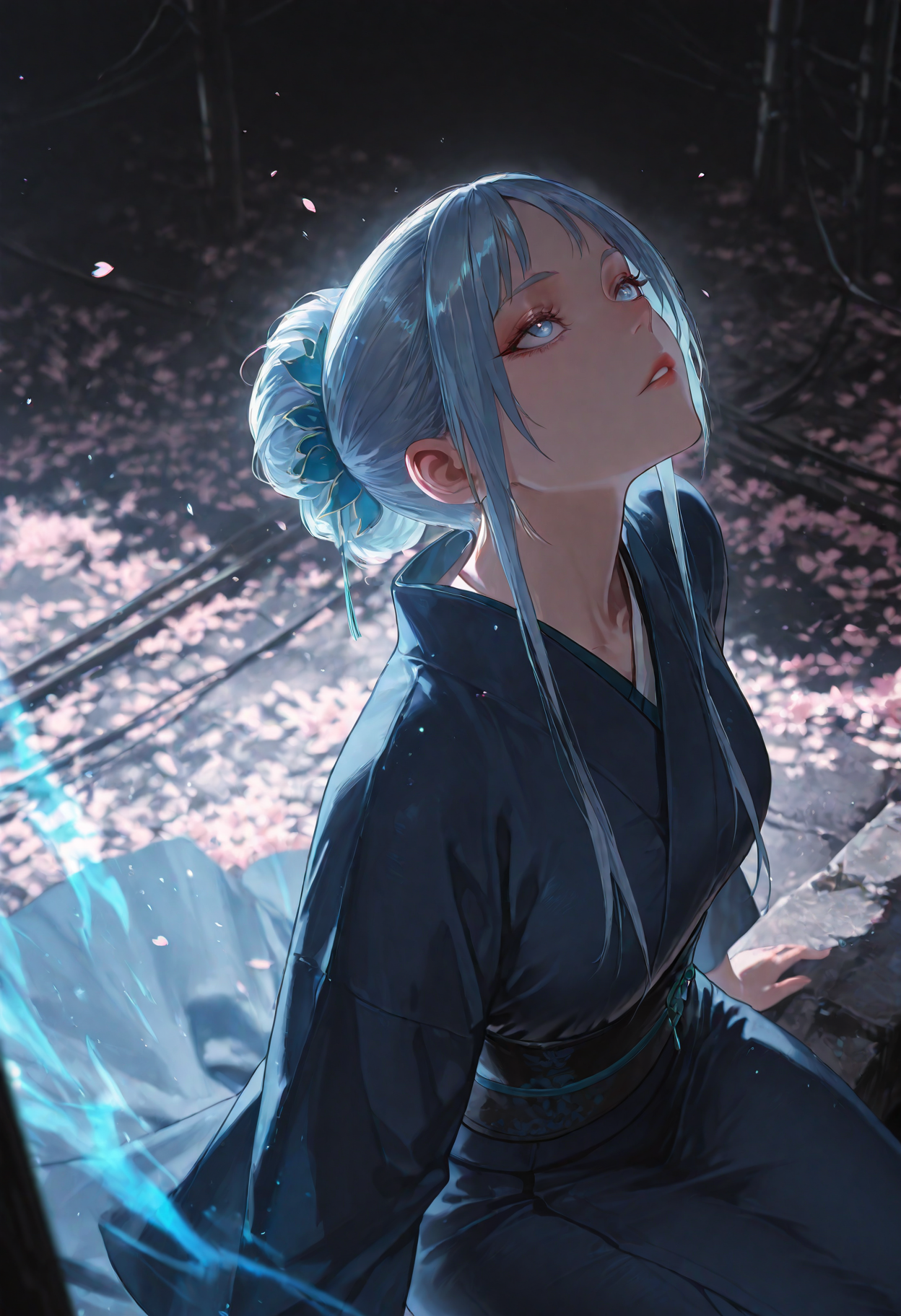 1girl, Bai Lan Er, blue hair, blue eyes, kimono,lighting aura,cherry blossoms,power lines,sitting,arms at side,sprawled,dynamic pose,looking up,(from above:1.2),parted lips,perspective,black background,vignetting,chromatic aberration,depth of field,
(Smooth Quality - Illustrious:0.8), masterpiece,best quality,amazing quality, absurdres, (impressionism), ultra-HD, 8k, fit body, highest quality, volumetric lighting, (cinematic composition:1.3), (sharp focus:1.2), (depth of field:1.2), (adult), wide eyes, (mature female:1.2), very aesthetic, smooth image, action lines, motion lines, motion blur, (detailed face and eyes:1.3),
<lora:illustrious_quality_modifiers_masterpieces_v1:0.6>  <lora:ponyv4_noob1_2_adamW:0.4> <lora:FINALE:0.3>  <lora:I_Am_The_Fated_Villain:0.7> <lora:g0thicILL:0.4> <lora:USNR STYLE_XL_loha:0.3>