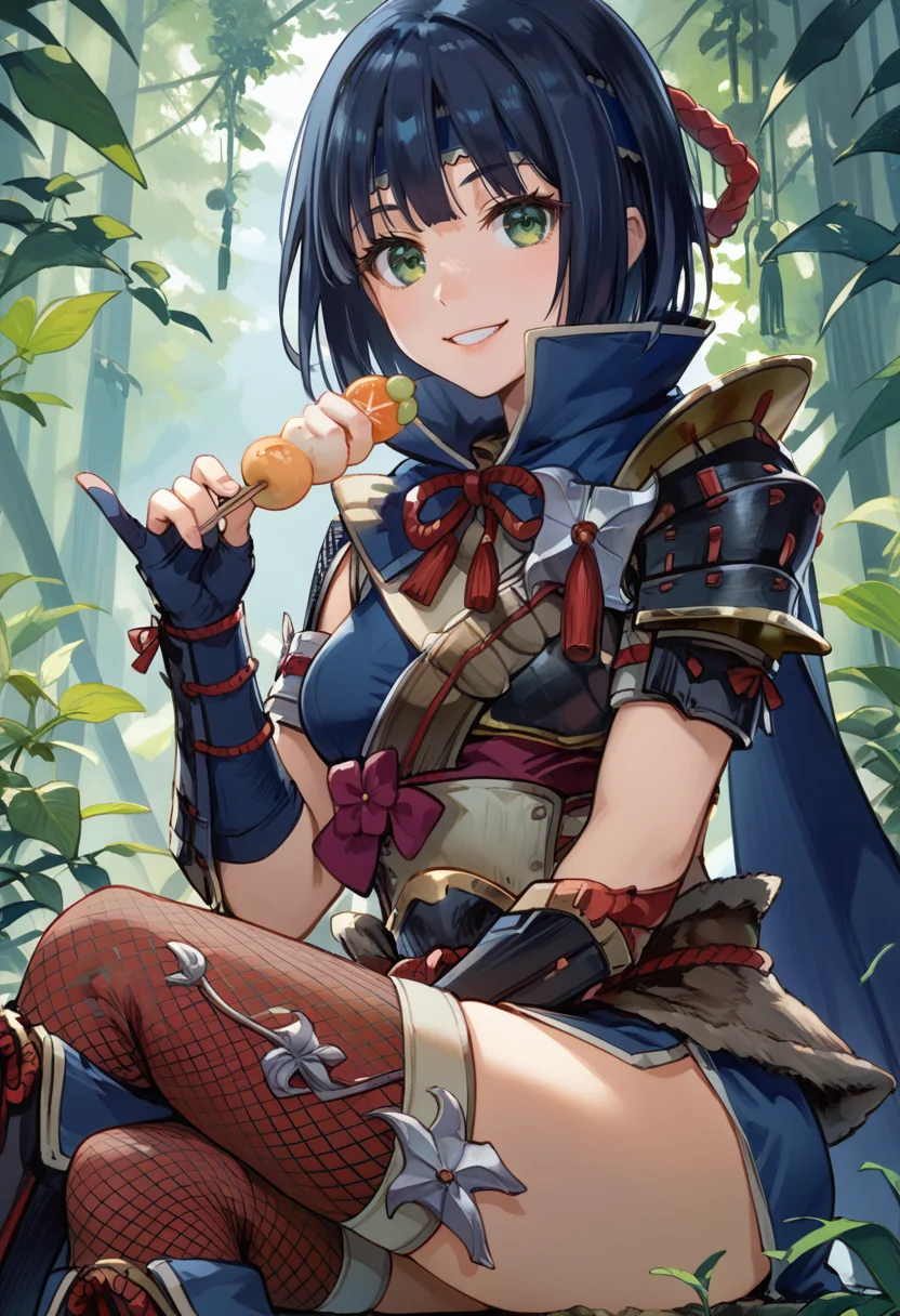 (score_9:0.9),score_8_up,score_7_up,rating_safe,realsitic,(zPDXL),<lora:kamura armor ponyXL v1:0.76>,1girl,solo,blue headband,smile,short hair,sitting,green eyes,blue hair,blue gauntlets,looking at viewer,fishnet thighhighs,black hair,blue scarf,kamura armor,blue knee boots,black shoulder armor, wagashi, holding food