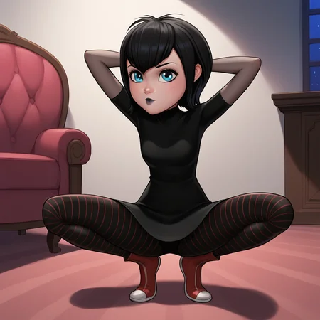 score_8_up, BREAK, MAVISDRACULA, 1girl, solo, black hair, short hair, blue eyes, lipstick, black dress, striped pantyhose, pantyhose, red footwear, squatting, spread legs, arms behind head, white background, <lora:MavisDracula_PXL_Leaf1:1>, closed mouth, indoors, night,