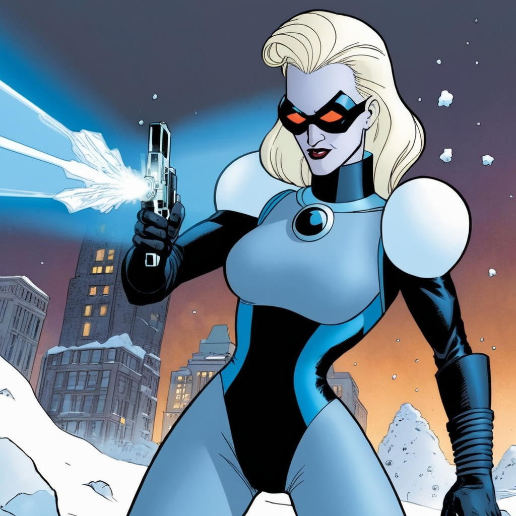 comic book art of  <lora:Mr. Freeze:1.2>
Mr. Freeze a blonde woman holding an ice gun with ice muzzle flash in a snow area In Gotham City, comic art, graphic novel illustration