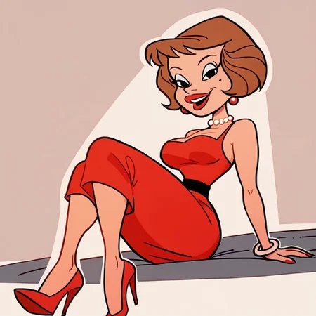 score_9, score_8_up, score_7_up BREAK YayitaC, 1girl, brown hair, black eyes, beauty mark, lipstick, dress, high-heeled shoes, cartoon, happy look, source_cartoon, smiling at viewer,
