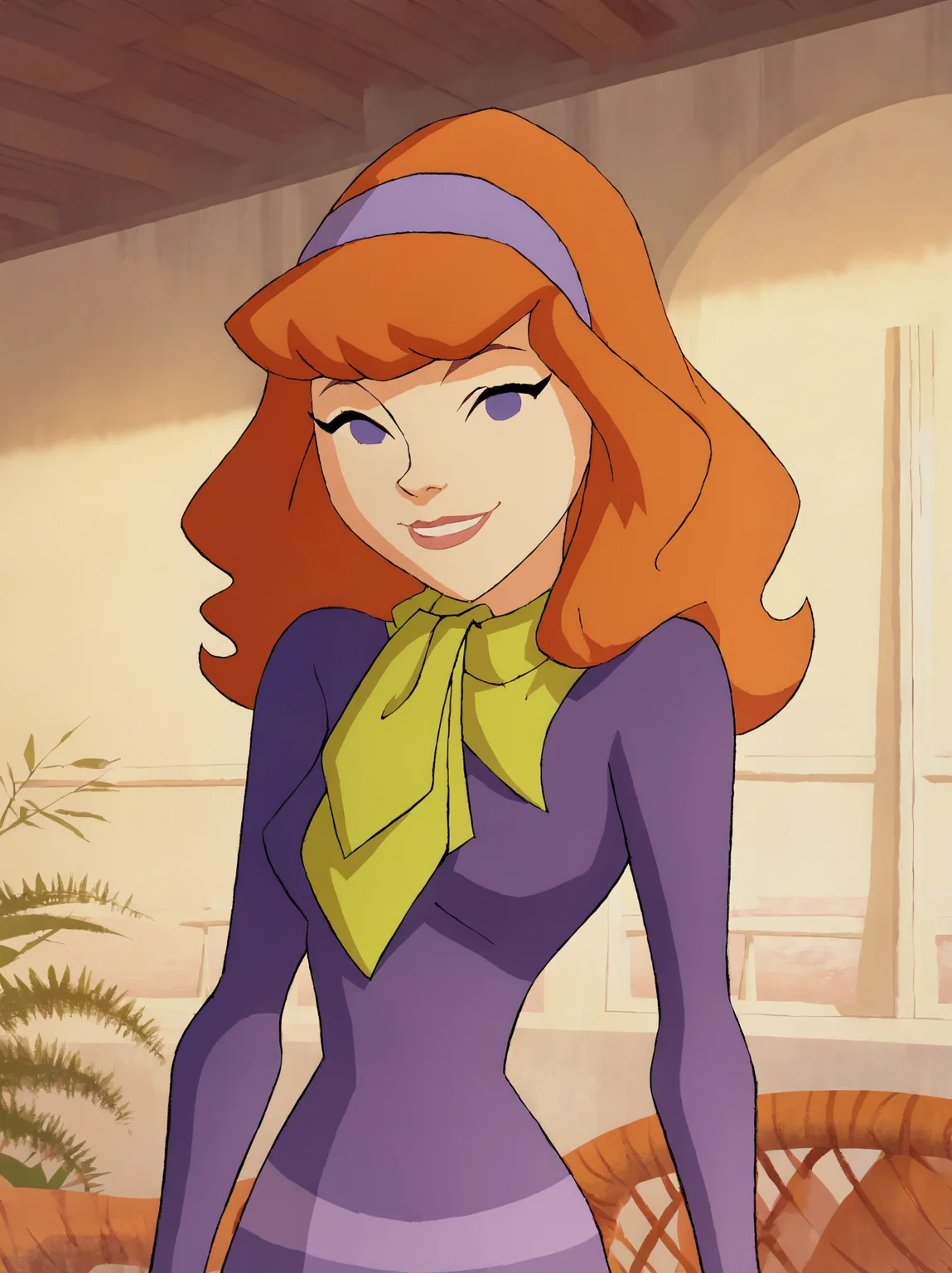 <lora:DaphneMysteryIPony1.0:1> daphneb, 1girl, solo, long hair, hairband, orange hair, purple dress, purple eyes, green scarf, smile, pink pantyhose, cowboy shot, upper body, smile, looking at viewer, score_9, score_8_up, score_7_up, score_6_up, score_5_up, score_4_up