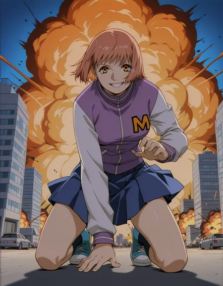 <lora:mikura-noupscale-illustrious-000020:1> mikuraova
letterman jacket, skirt,
1girl, solo, looking at viewer, grin, kneeling, explosion, building, urban, masterpiece, best quality