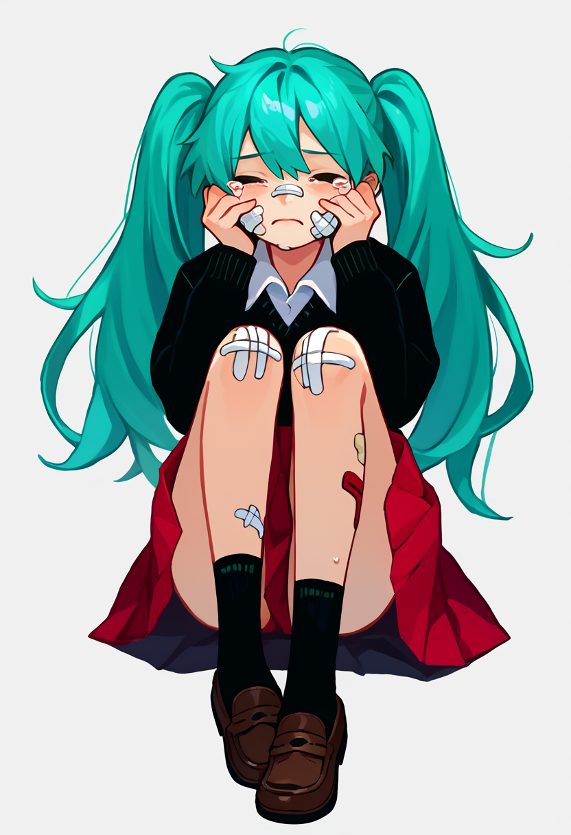 score_9, score_8_up, score_7_up, source_anime, solo, 1girl, rollinggirlmiku, bandaid on face, crying, on ground, hands on own cheeks, aqua hair, twintails, closed eyes, tears, school uniform, black sweater, long sleeves, white shirt, collared shirt, red skirt, black socks, loafers, bandages, bandaid on leg, simple background, white background <lora:vocaloid_rollinggirlmiku_ponyXL:1>