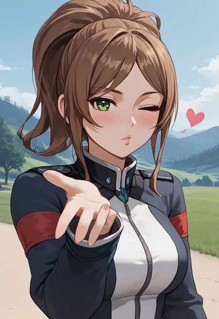 score_4,score_5,score_6,score_7_up,score_8_up,score_9 ((masterpiece,best quality,ultra detailed,highres,HD,4k:1.2)),
1girl, solo,solo focus,girl focus,face focus,
brown hair, long hair, ponytail, sidelocks, green eyes,large breasts,
outdoors,
<lora:blowing-kiss-ponyxl-lora-nochekaiser:1>, blowing kiss, pucked lips, heart, one eye closed, o3o, looking at viewer, hand up,Pouting lips,pointing fingertips towards viewer, blush,shy,Expressionless,Half-closed eyes, squinting, staring,jitome,