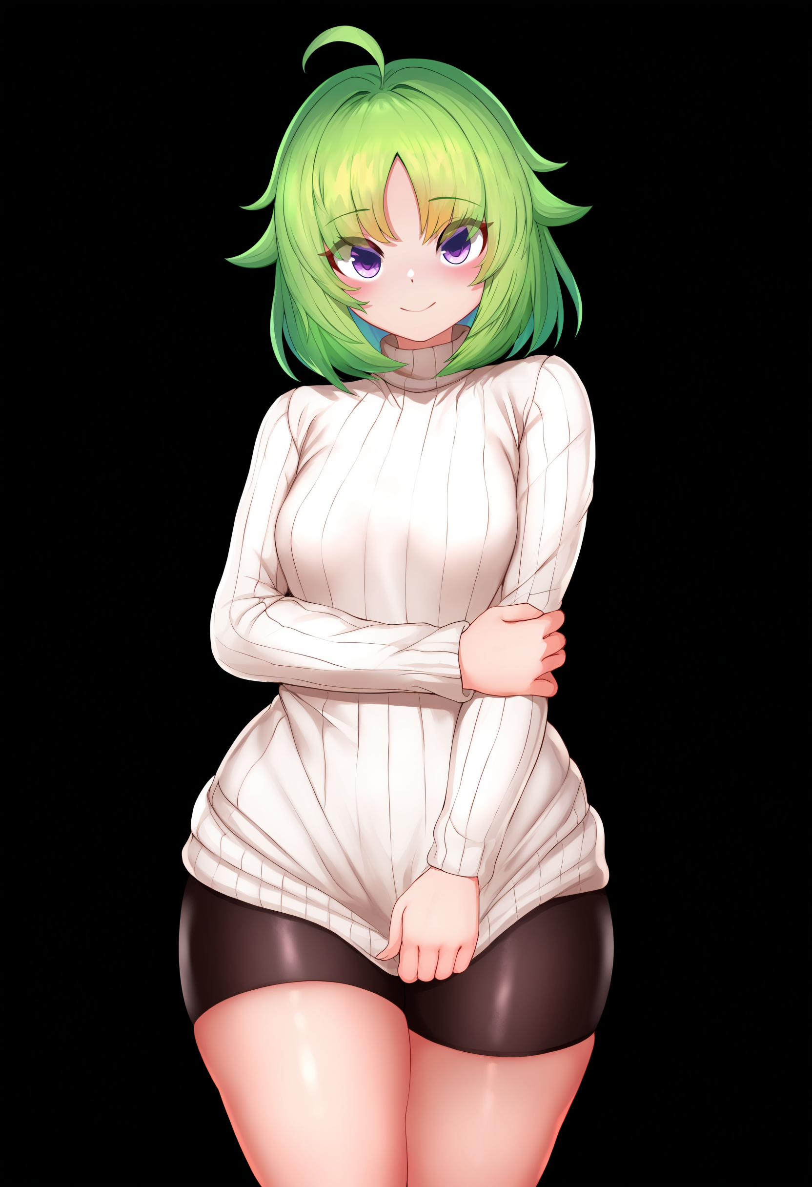 masterpiece, best quality, 1girl,
solo, small breasts, wide hips, thick thighs, shorts, curvy, shiny clothes, turtleneck sweater, green hair, cowboy shot, turtleneck, blush, purple eyes, medium hair, ribbed sweater, smile, white sweater, closed mouth, thighs, breasts, open mouth, bike shorts, black background, arm under breasts, eyes visible through hair, looking at viewer, standing, hand on own arm, ahoge, long sleeves   <lora:b-pang:1>