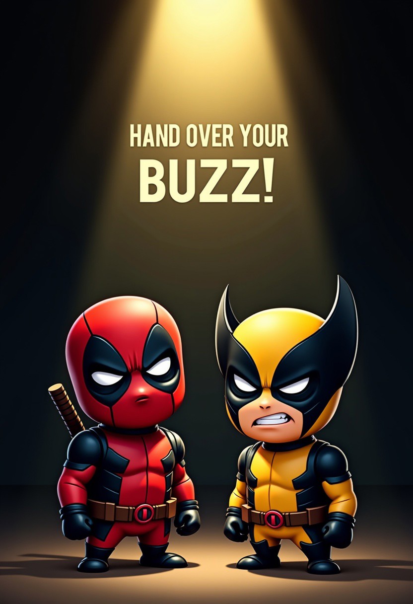 2boys, Deadpool minion and Wolverine minion, standing back, above him there's a sentence says : "Hand Over Your BUZZ!", light from above, dark background, angry, attack pose
