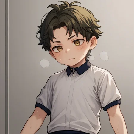score_9, score_8_up, score_7_up, source_anime, highly detailed, cute boy, 1boy, solo, young, damian desmond, short hair, brown hair, brown eyes, gym uniform, white polo with black collar, short sleeve, black gym shorts, sweaty, wiping brow, breathing heavy