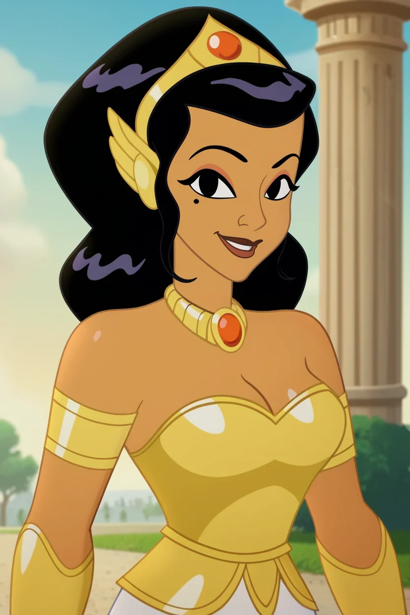 score_9, score_8_up, score_7_up,score_6_up BREAK xandra, cowboy shot, 1girl,solo,dark skin,black hair, black eyes,brown lips,official style,medium breasts,long hair, smile,ancient greek clothes, ancient greece,gold armored dress, gold winged tiara, gold armlet, gold vambraces, outdoors, upper body,cleavage,pillar, olive garden,looking at viewer,(mole under eye:0.7), (from side:0.7) <lora:XandraPony:1>