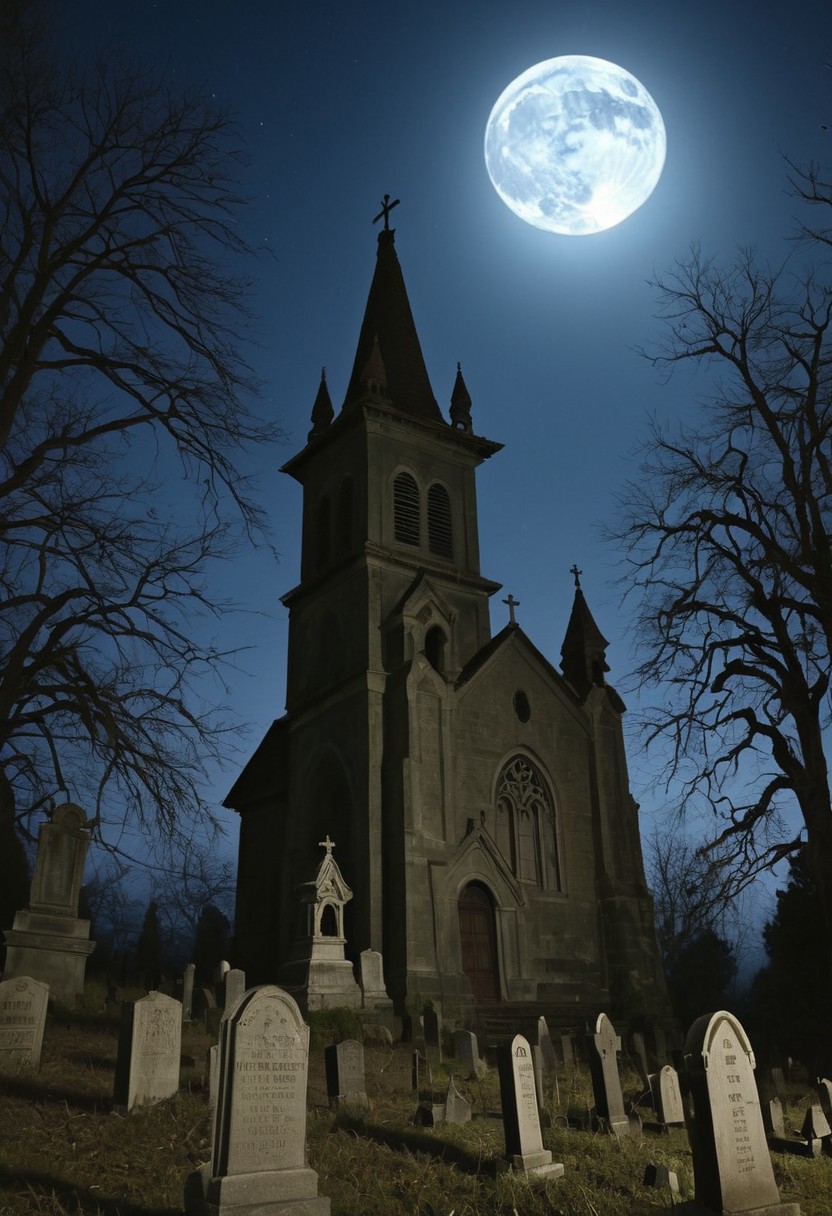 masterpiece, best quality,
digital artwork of creepy old church, 3 kids in Halloween costumes holding flash lights,
japanesehorrorclassics,
full moon, night, cosmic rays, haunted place, abandoned old church, graveyard, giant bell tower, wide shot, old trees, forest background, tombstones, scary, paranoia, feeling like someone is watching you, ruined, dirty, cemetery, fear, dread, 
(low angle:1.3), focus on old tower,
cinematic, horror, creepy atmosphere, intricate, detailed, rays of light,
