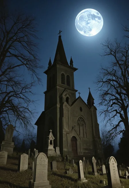 masterpiece, best quality,
digital artwork of creepy old church, 3 kids in Halloween costumes holding flash lights,
japanesehorrorclassics,
full moon, night, cosmic rays, haunted place, abandoned old church, graveyard, giant bell tower, wide shot, old trees, forest background, tombstones, scary, paranoia, feeling like someone is watching you, ruined, dirty, cemetery, fear, dread, 
(low angle:1.3), focus on old tower,
cinematic, horror, creepy atmosphere, intricate, detailed, rays of light,