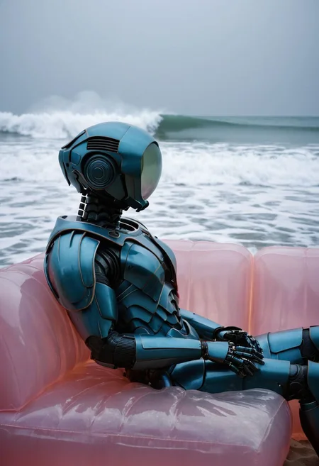 subsurface scattering, LiS_Robot By tim burton, sitting on a translucent sss pink plastic Air Couch at the ocean, Large waves, Sand, marbles ,
atmospheric haze, Film grain, cinematic film still, shallow depth of field, highly detailed, high budget, cinemascope, moody, epic, OverallDetail, 2000s vintage RAW photo, photorealistic, candid camera, color graded cinematic, atmospheric lighting, imperfections, natural, shallow dof