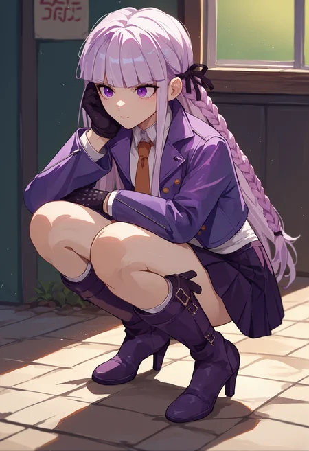 score_9, score_8_up, score_7_up, source_anime, 1girl, Kyoko, purple eyes, purple hair, long hair, braid, black gloves, purple jacket, brown necktie, white shirt, purple skirt, boots, squatting, <lora:KyokoPXL-000010:1>