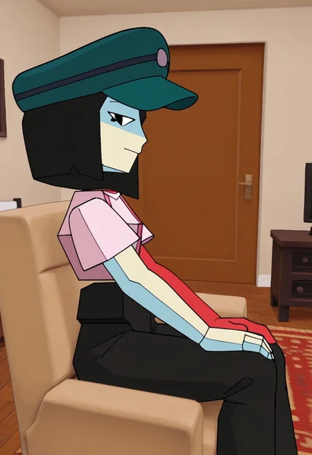 ENADB, blocky body, cap beret, short hair, floating limbs, two-tone skin, side view, looking at view, sitting, armchair, living room, hands on thighs, black pants