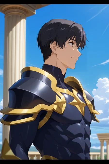 masterpiece, best quality, amazing quality, very aesthetic, high resolution, ultra-detailed, absurdres, newest, scenery, volumetric lighting, depth of field,anime screencap, , , 1boy, solo, male focus, <lora:yexiu:0.81>Ye Xiu, black hair,brown eyes, short hair,Smile, closed mouth, upper body, outdoors, sky, day, cloud,armor, blue sky, uniform, letterboxed, pillar,from side,black armor,abs,bodysuit