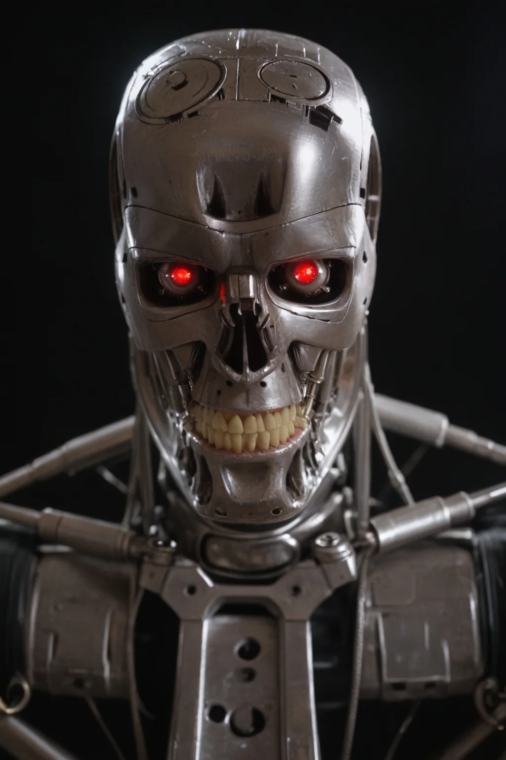 T800_Endo, Terminator robot, score_9, score_8_up, score_7_up, (source_IRL, source_movie), cinematic, realistic, masterpiece, high quality, highres RAW photo, ((extreme close-up, close-up shot, close-up head shot, front view))
a T800_Endo Terminator Robot with red eyes, he is made of metal, he is made of shiny chrome metal, new, clean, <lora:T800_Endo_Terminator_Pony-000010:1>
(standing)
black background
dynamic lighting, highly detailed, intricate details