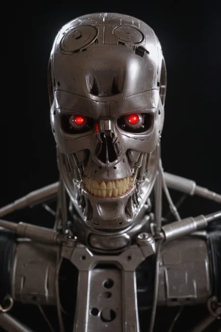 T800_Endo, Terminator robot, score_9, score_8_up, score_7_up, (source_IRL, source_movie), cinematic, realistic, masterpiece, high quality, highres RAW photo, ((extreme close-up, close-up shot, close-up head shot, front view))
a T800_Endo Terminator Robot with red eyes, he is made of metal, he is made of shiny chrome metal, new, clean, <lora:T800_Endo_Terminator_Pony-000010:1>
(standing)
black background
dynamic lighting, highly detailed, intricate details