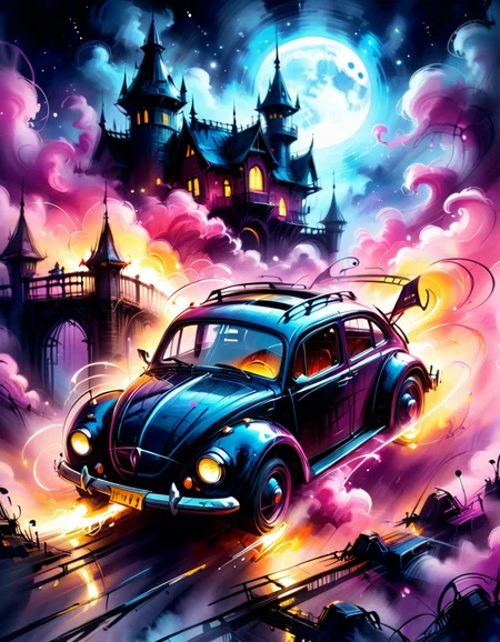 painting, ink, exciting fantasy car in a dreamlike atmosphere at evening, haze
