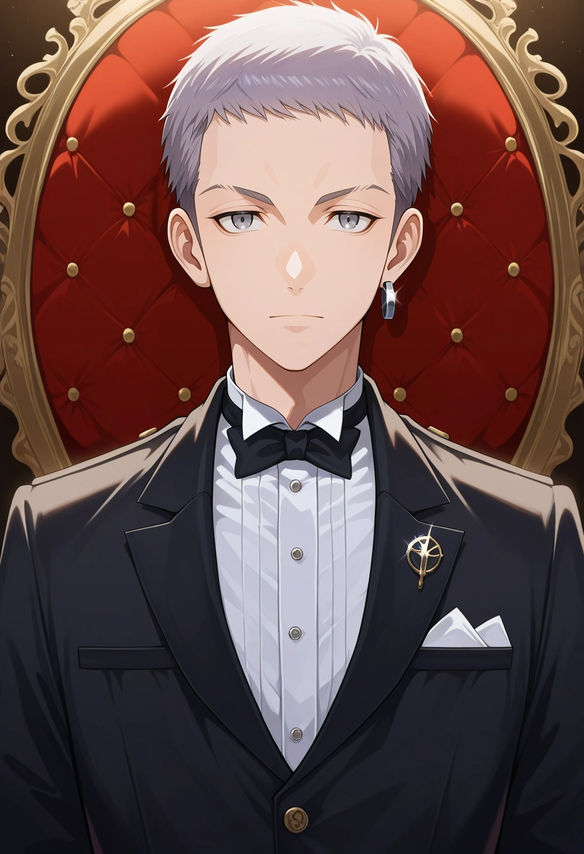 masterpiece, best quality, intricate details, , looking at viewer, 1boy, solo, male focus, <lora:takashi_mitsuya_ilxl:0.92>, takashi_mitsuya, grey hair, grey eyes, short hair, single earring, , , butler costume