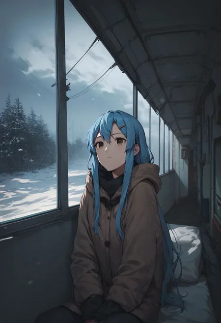 score_9, score_8_up, score_7_up, score_6_up, score_5_up, score_4_up, source_anime, 1girl, animeirl, pale blue hair, long hair, hair clips, brown eyes, indoors, snow, depressed, dark clouds,