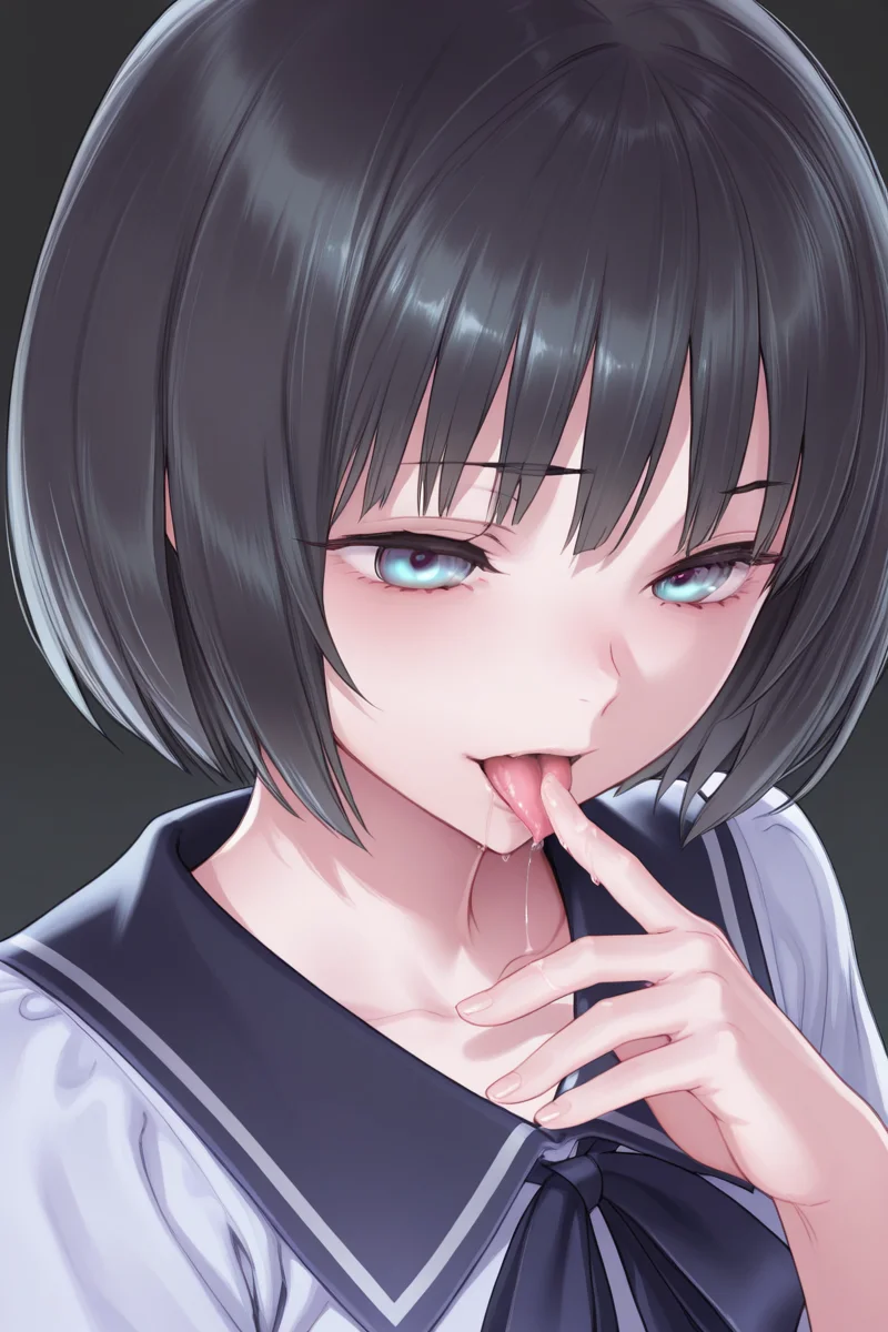 masterpiece, best quality, amazing quality,
<lora:Uta_IL:1> uta, 1girl, solo, short hair, school uniform, tongue, black hair, blue eyes, tongue out, licking, saliva, serafuku, licking finger