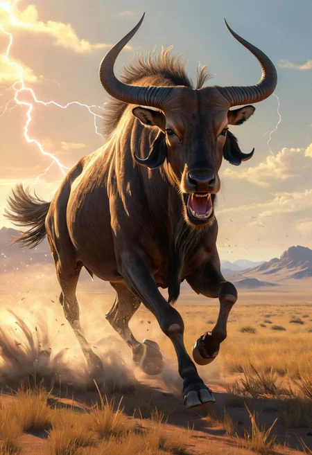 Realistic painting of a male wildebeest galloping powerfully across a vast steppe, with dynamic ray tracing capturing the sunlight filtering through an expansive sky, by artists inspired by the detail and lifelikeness of George Stubbs and the dynamic compositions of Frederic Remington, cinematic composition, trending on ArtStation
BadDream, anzhcdreamwave, aesthetic, glowneon, glowing, sparks, lightning, cloven-hooves