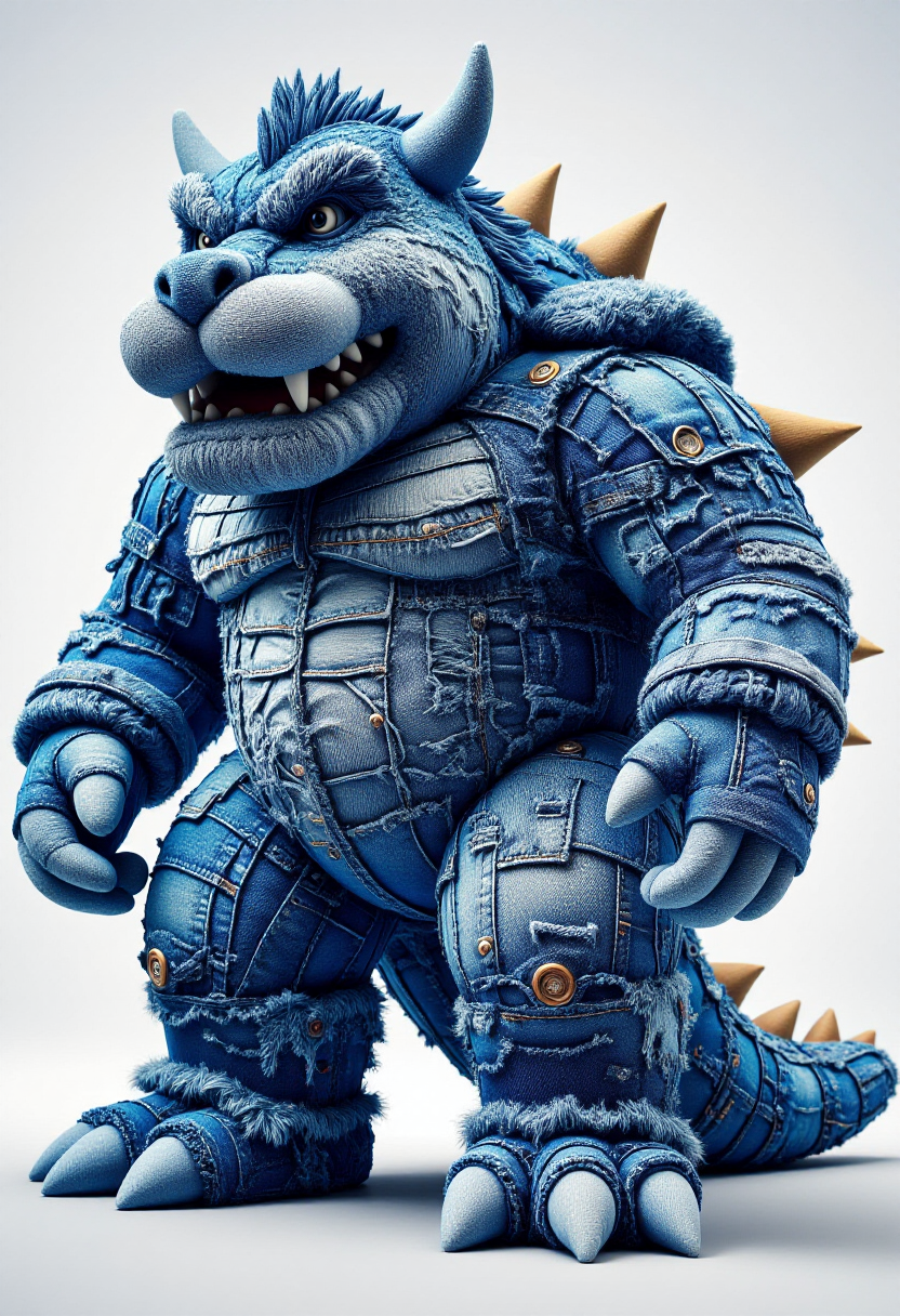 <lora:Denim_Dreamer_FLUX-000021:0.9>
The image is a highly detailed digital artwork featuring a large, stylized Bowser that is constructed from various pieces of denim, giving it a patchwork appearance with a blend of blue and denim textures.