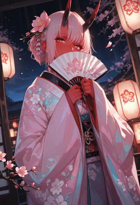 1girl, gorgeous girl , kawaii girl , cute face, masterpiece, best quality, very awa, absurdres, 748cmstyle, usnr
masterpiece, best quality, Good quality, very aesthetic, absurdres, newest,1girl, light rays, looking at viewer, sky, solo, gradient color, erotic, petals falling,
BREAK
ultra-detailed, 8K, illustration, CG, ultra-detailed-eyes, detailed background, ambient occlusion, raytracing, soft lighting, absolutely eye-catching, intricate cinematic background, beautiful face,  , eyelashes, erotic, looking seductive, coy. dynamic action image, detailed face, detailed eyes, direct mesmerizing gaze, mature female, medium breast,
BREAK
sexy, slutty, hot, aroused, 
Aka-Oni, oni, colored skin, red skin, smooth horns, black horns
BREAK
flirting:2.0, flower,
BREAK
(EyesHD:1.2), (4k,8k,Ultra HD), masterpiece, best quality, ultra-detailed, very aesthetic, sharp focus, depth of field, ray tracing, best lighting, detailed illustration, detailed background, cinematic, beautiful face, beautiful eyes, 
BREAK
 japanese clothes, layered kimono, long sleeves, sleeves past wrists, wide sleeves, print kimono, multicolored clothes, multicolored kimono, haori, hair ornament hirabitai, branch, pink flower, plum blossoms, hands up, hand fan, holding fan, covering own mouth, paper lantern, night