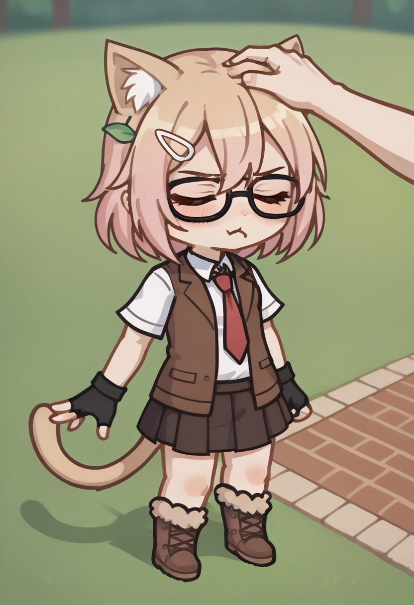 score_9, score_8_up, score_7_up, score_6_up,  from above, closed eyes, pout, blush, headpat, feminine hand, arms at sides, field, MILCJT3, MILCJT3Gacha, Gacha, girl, cat ears, skirt, hair ornament, glasses, pink hair, beige hair, tail, fingerless gloves, gloves, brown open jacket, tie, fur boots, brown skirt