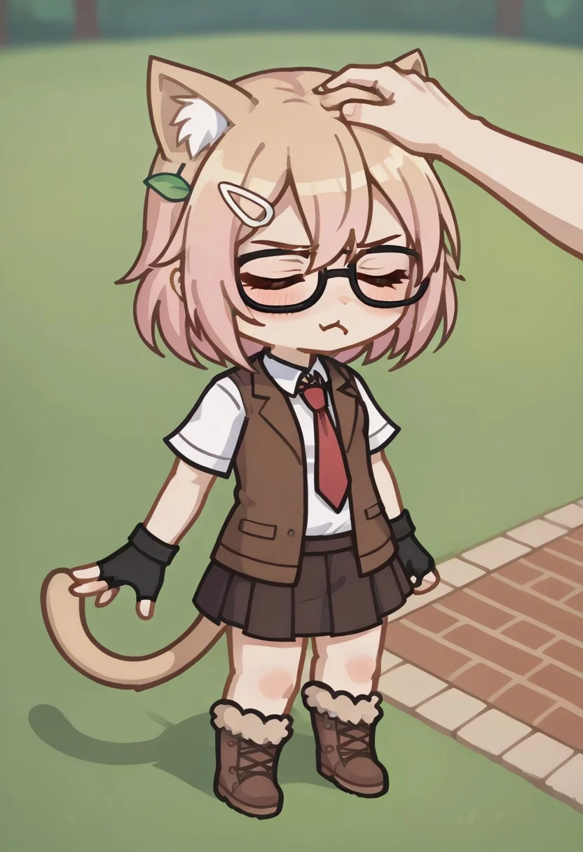 score_9, score_8_up, score_7_up, score_6_up, from above, closed eyes, pout, blush, headpat, feminine hand, arms at sides, field, MILCJT3, MILCJT3Gacha, Gacha, girl, cat ears, skirt, hair ornament, glasses, pink hair, beige hair, tail, fingerless gloves, gloves, brown open jacket, tie, fur boots, brown skirt