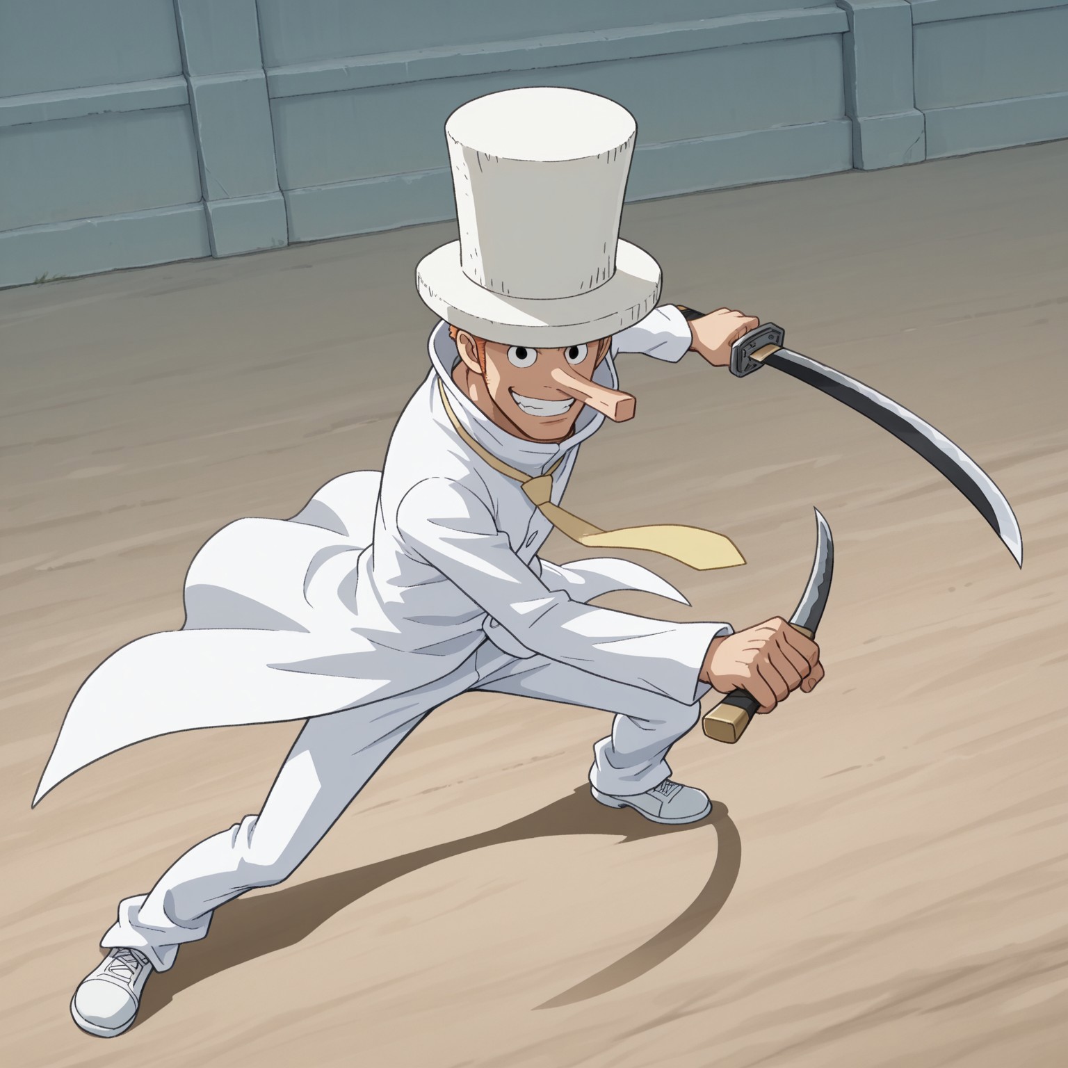 OPKaku, 2d, solo, 1boy, Human, male, orange hair, black eyes, long nose, white top hat, high-collared white coat, yellow tie, white pants, white shoes, 

BREAK dynamic angle, looking at viewer, outside, outdoors, holding dual swords, grinning, fighting stance,