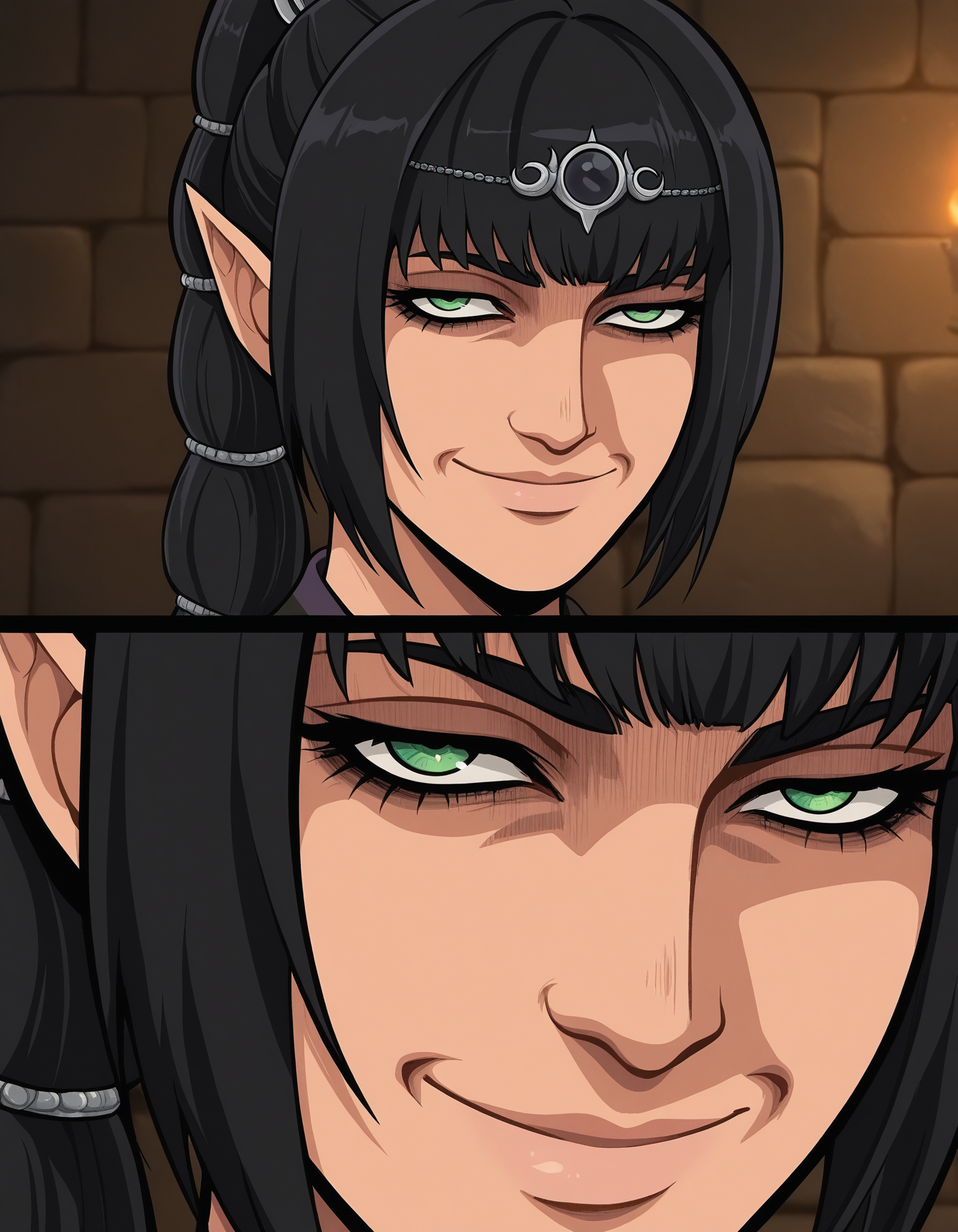 style parody,  anime style, face focus, close-up, funny, meme, staring at her right, ((SOLO, 1girl)), closed mouth, Thispleases, smile,shadowheart \(baldur's gate\), pointy ears, black hair, bangs, long hair, ponytail, tiara, <lora:ThisPleasesV.01-000008:0.95>, BREAK (inside castle, stone walls, torches, dim light)