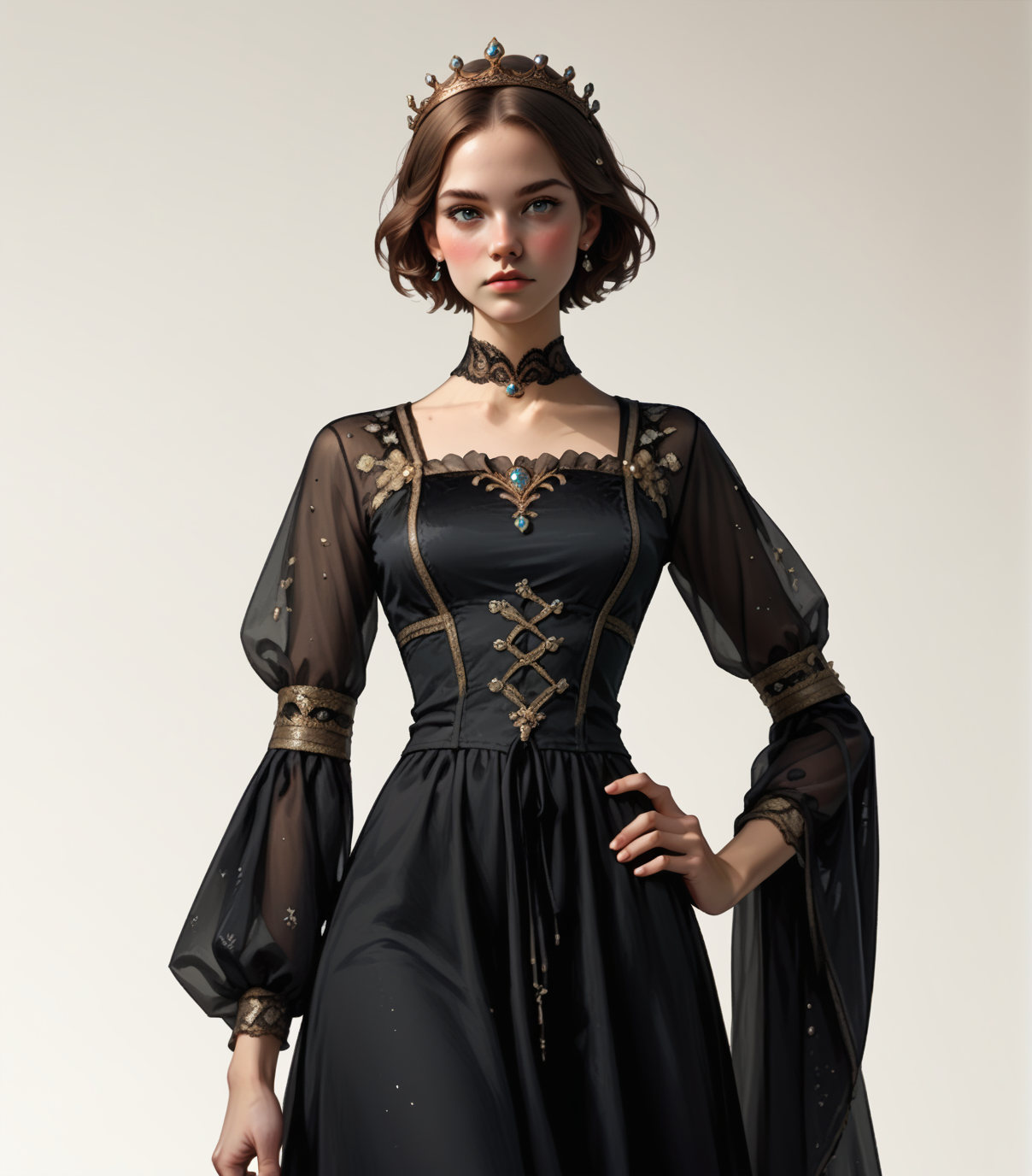 hand on hip, simple white background   <lora:PrincessElowen:0.7> PrincessElowen, (score_9, score_8_up, score_7_up), short hair, tiara, black dress