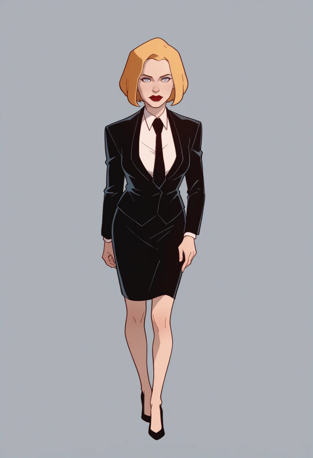 score_9, score_8_up, score_7_up, score_6_up, score_5_up, score_4_up, BREAK,
1girl, agentl, blonde hair, short hair, blue eyes, red lips, makeup,
suit, jacket, long sleeves, necktie, white shirt, black skirt, high heels,
full body, solo, looking at viewer, simple background, solid grey background <lora:AgentLXL:1>