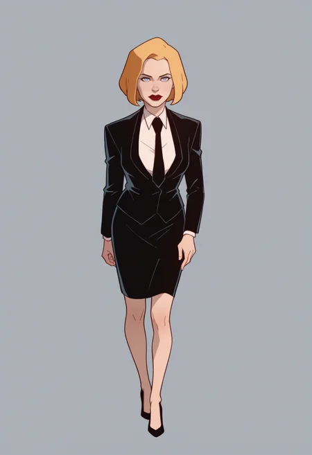 score_9, score_8_up, score_7_up, score_6_up, score_5_up, score_4_up, BREAK,
1girl, agentl, blonde hair, short hair, blue eyes, red lips, makeup,
suit, jacket, long sleeves, necktie, white shirt, black skirt, high heels,
full body, solo, looking at viewer, simple background, solid grey background <lora:AgentLXL:1>