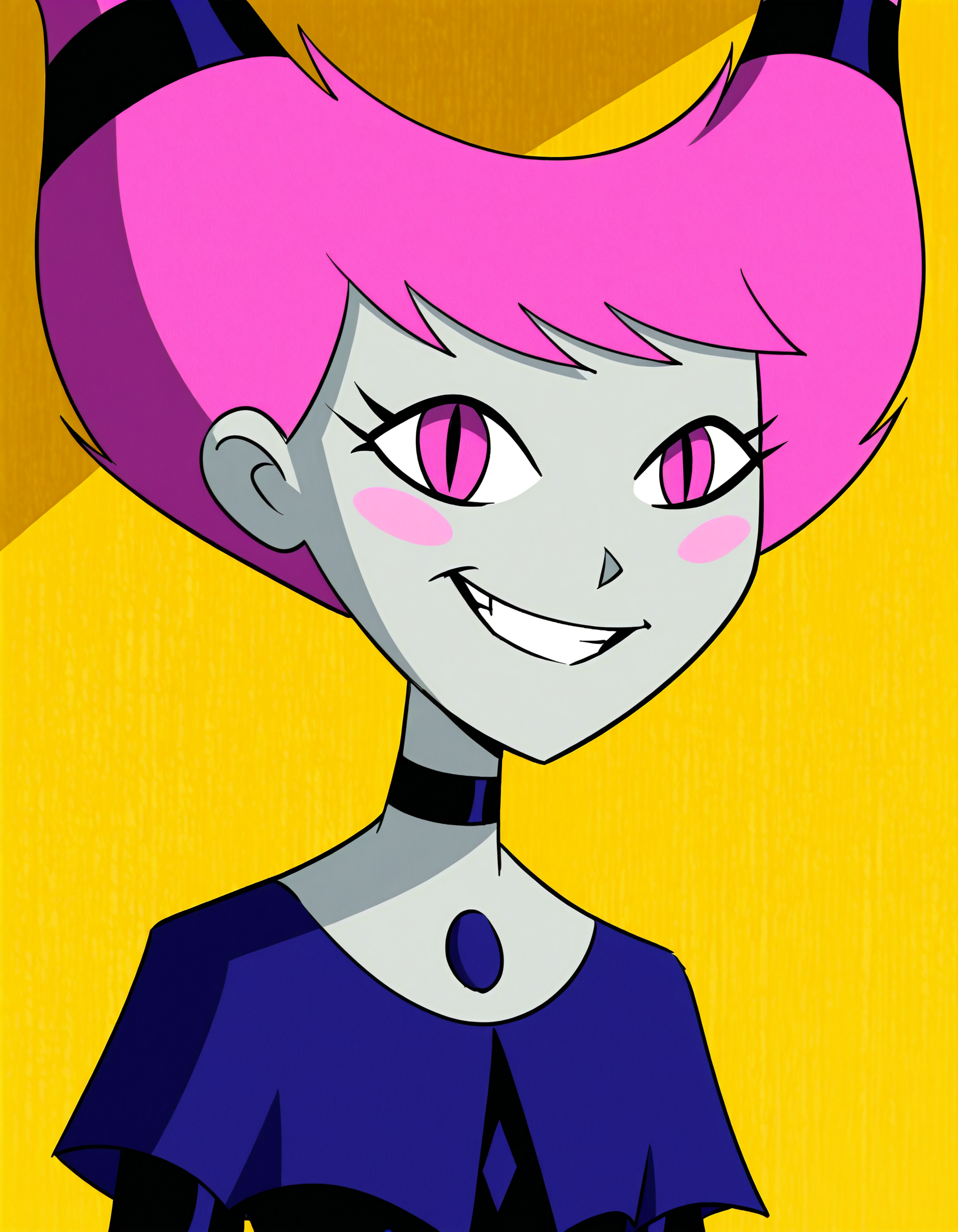<lora:JinxIllustrious2.0JLFO:1> jinxtt, 1girl, pink hair, capelet, grey skin, hair ties, long sleeves, choker, solo, pink eyes, slit pupils, blush stickers, black dress, chest jewel, looking at viewer, upper body, grin,simple background, portrait,