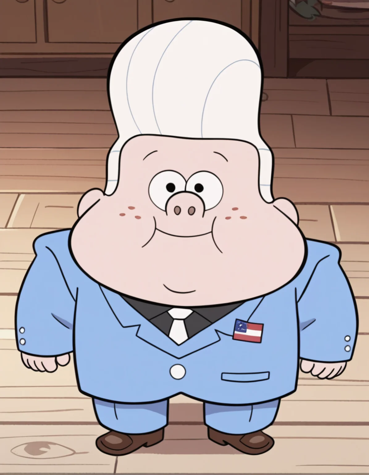 score_9, score_8_up, score_7_up, best quality, source_toon, gideon-g, pale skin, freckles, double chin, chubby cheeks, white hair, pompadour, human, male, solo, fat, plump, overweight, male, black eyes, young, 1boy, blue suit, black undershirt, usa flag pin on suit, white tie, brown loafers, smile, looking at viewer
