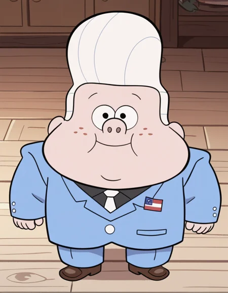 score_9, score_8_up, score_7_up, best quality, source_toon, gideon-g, pale skin, freckles, double chin, chubby cheeks, white hair, pompadour, human, male, solo, fat, plump, overweight, male, black eyes, young, 1boy, blue suit, black undershirt, usa flag pin on suit, white tie, brown loafers, smile, looking at viewer
