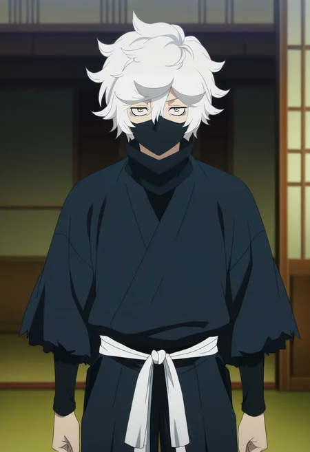 masterpiece, best quality, anime screencap, official style, anime coloring, cowboy shot, 1boy, solo, male focus, <lora:gabimaru_jigokuraku_ilxl:0.98>, gabimaru_jigokuraku, white hair, yellow eyes, hair between eyes, short hair, messy hair, japanese clothes, mouth mask, ,