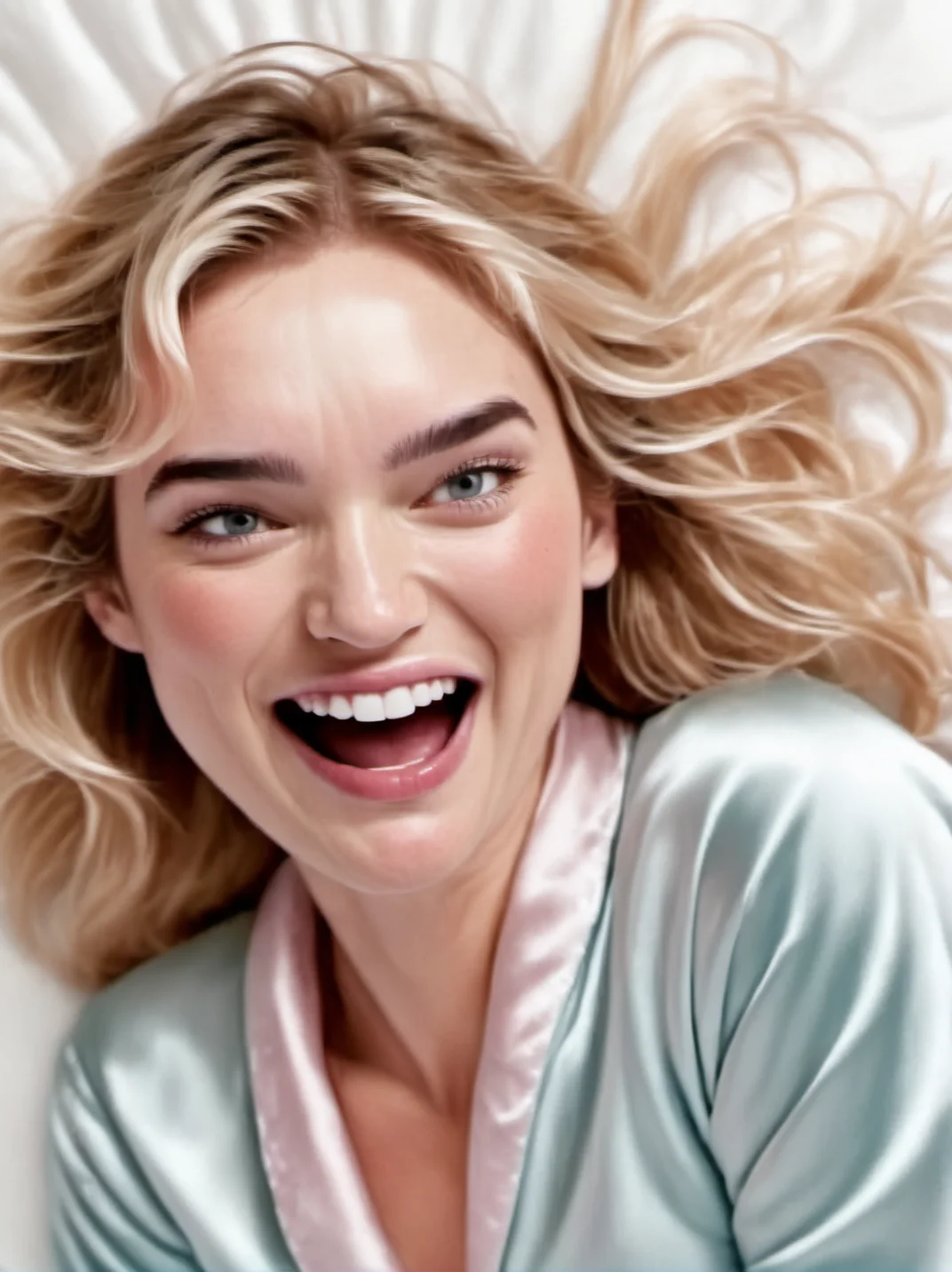 1girl, realistic, blond, happy,
portrait, face closeup, neutral expression, open mouth, mouth open, wearing satin pajamas, white background, looking at us,
 <lora:abbie-synth-xl-lora-1:1>