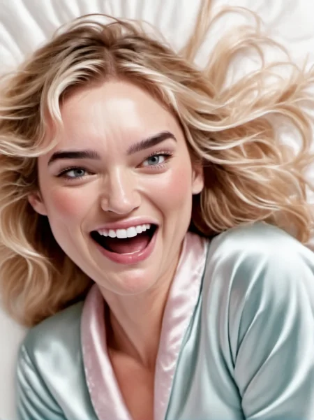 1girl, realistic, blond, happy,
portrait, face closeup, neutral expression, open mouth, mouth open, wearing satin pajamas, white background, looking at us,
<lora:abbie-synth-xl-lora-1:1>