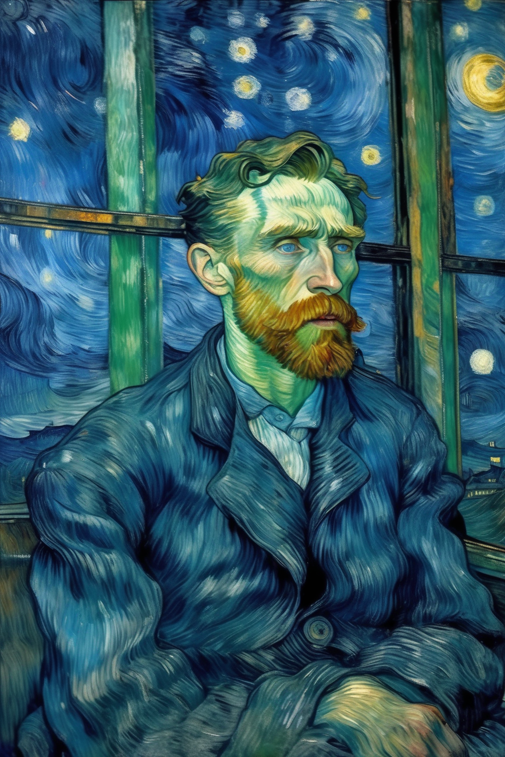 <lora:Mikhail Vrubel Style:1>Mikhail Vrubel Style - Vincent van Gogh in front of a glass window in the subway, deep eyes, faint sadness, oil painting, using the colors and style of a starry night