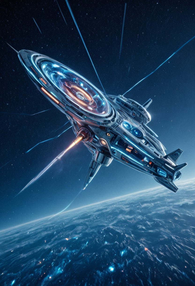 Colorful, stylized, CosmicStyle, mid-range orbital shot, sleek chrome spacecraft, corporate-controlled patrol vessels, retrofuturist designs, Cold War-era lines blended with alien engineering, rotating gravity rings, dynamic thruster arrays, flaring blue exhaust trails, soft-glow lighting under sensor domes, neon-coded serial markings, symmetry, drifting past swirling nebula, interstellar corporate security, industrial sci-fi aesthetics, clean paneling with minimal distress, silent formation flight, strategic surveillance positions, dusk-light horizon shimmer