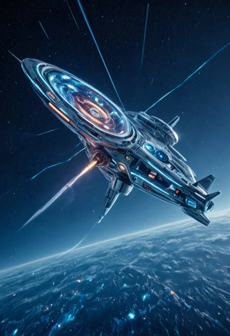 Colorful, stylized, CosmicStyle, mid-range orbital shot, sleek chrome spacecraft, corporate-controlled patrol vessels, retrofuturist designs, Cold War-era lines blended with alien engineering, rotating gravity rings, dynamic thruster arrays, flaring blue exhaust trails, soft-glow lighting under sensor domes, neon-coded serial markings, symmetry, drifting past swirling nebula, interstellar corporate security, industrial sci-fi aesthetics, clean paneling with minimal distress, silent formation flight, strategic surveillance positions, dusk-light horizon shimmer