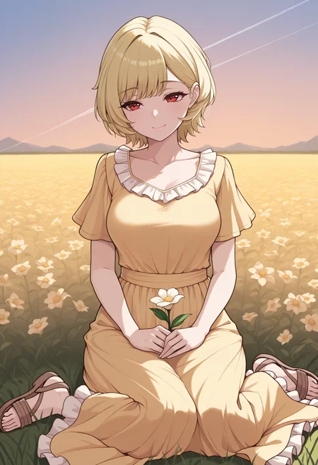 masterpiece, best quality, 1girl, wariza, smile, holding flower, hands on lap, medium breasts, <lora:CitrinneFE-illu:1> dfCit, blonde hair, short hair, red eyes, short sleeves, yellow sundress, long skirt, frills, sandals, field, flowers, sky, contrail