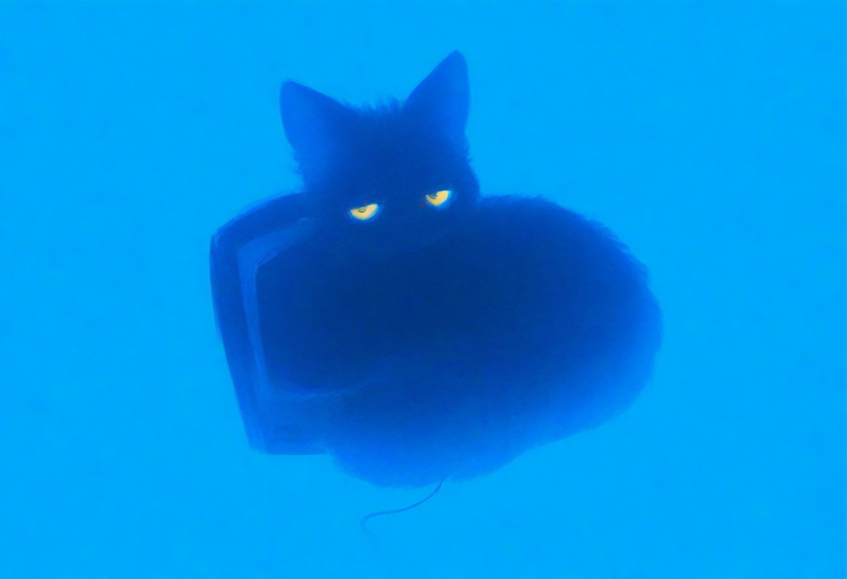 'BUZZ it' text over the TV
masterpiece, best quality, good quality, very awa, very aesthetic, absurdres, newest, solo, jitome, big eyes, looking at viewer, simple background, sitting, full body, yellow eyes, monochrome, looking back, no humans, animal, cat, blue background, colored sclera, CRT, computer mouse, animal focus, black cat, no mouth, blue sclera, blue theme,Head tilt, Background Segmentation,Dutch Angle <lora:ponyv6_noobV1_2_adamW-000017:0.7> <lora:USNR_STYLE_XL_lokr:0.45> <lora:mengxuanliart:0.65>