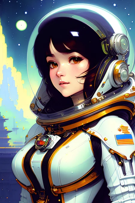 a painting of a beautiful woman wearing an Astronaut helmet , scifi , on a space station . Highly detailed, intricate, detailed pupils, art by onche_ondulay